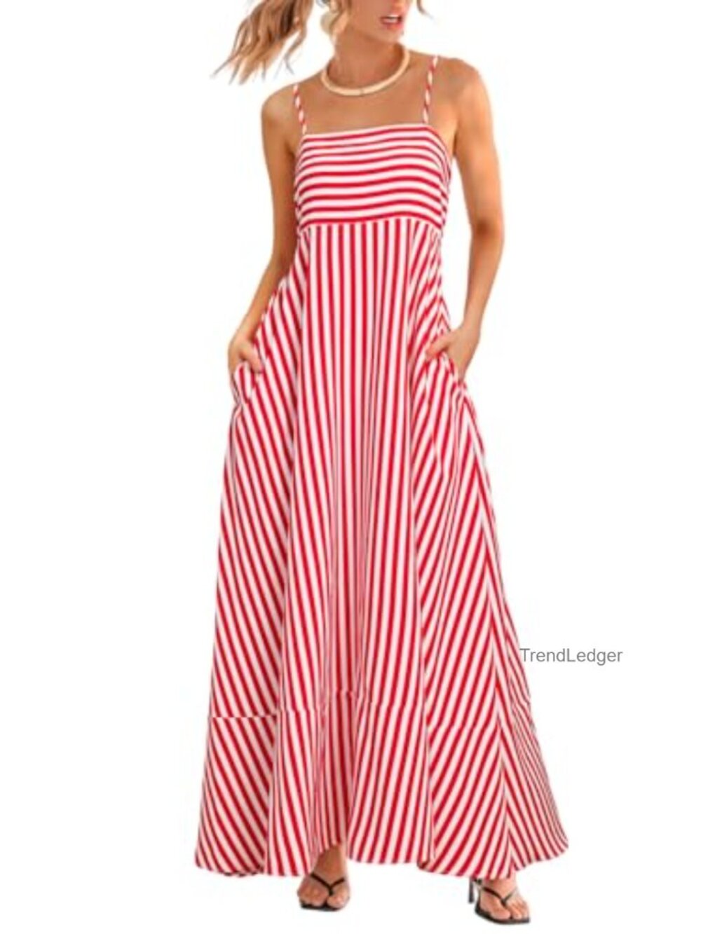 Sleeveless Striped Maxi Dress Square Neck Smocked Back Pockets